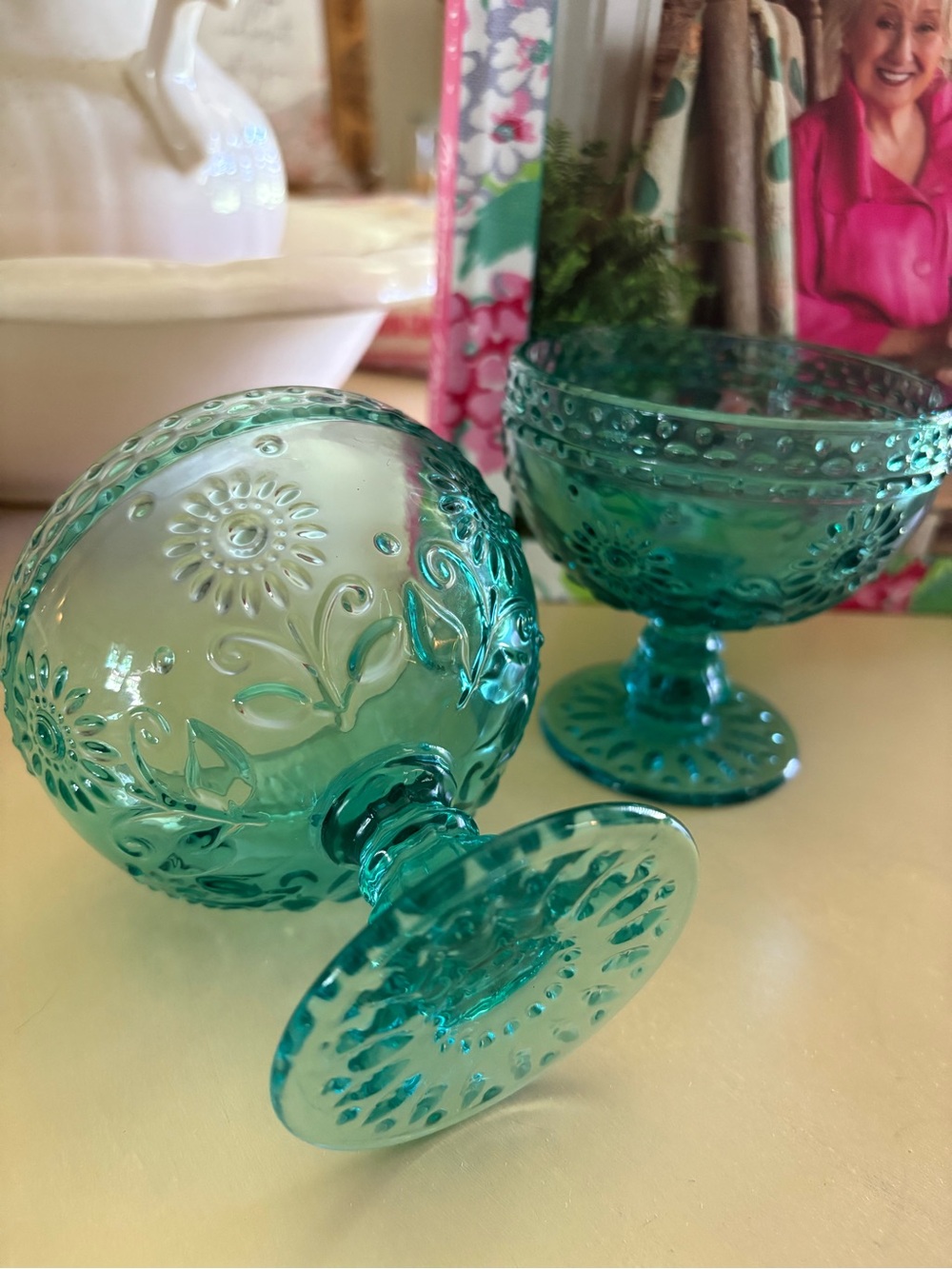 Embroidered Pattern Aqua Glass Compote Set of Pioneer Woman dessert dishes